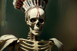 un' scheletro con un' copricapo su suo testa. ai generato foto