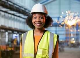 ritratto pesante industria ingegnere donna lavoratore indossare sicurezza veste e elmetto protettivo sorridente su telecamera. nel il sfondo sfocata grande industriale factory.ai generato. foto