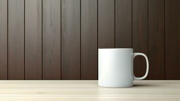 bianca caffè boccale su di legno tavolo con di legno parete sfondo ai generativo foto