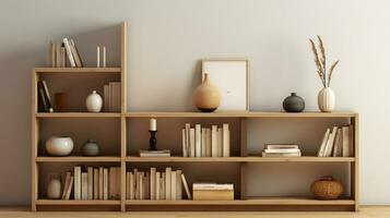 moderno libro mensola con libri e vasi su di legno pavimento ai generativo foto