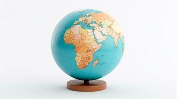 un' globo su un' bianca sfondo con un' carta geografica di il mondo ai generativo foto