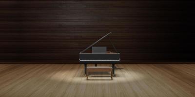 pianoforte sul palco pavimento in legno e illuminazione 3d illustrazione foto