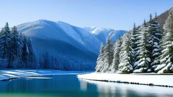 bellissimo colline montagna e fiume Visualizza con nevicata lago e inverno soleggiato giorno sfondo. ai generato foto