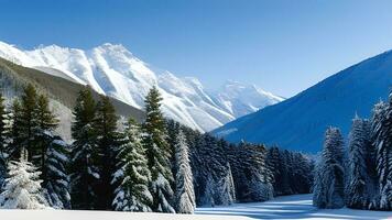 bellissimo colline montagna e fiume Visualizza con nevicata lago e inverno soleggiato giorno sfondo. ai generato foto