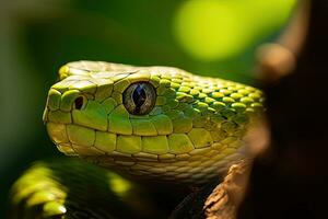 verde fossa vipera su un' ramo nel il foresta, Tailandia. avvicinamento di un' stetoscopio su un' medico uniforme, ai generato foto