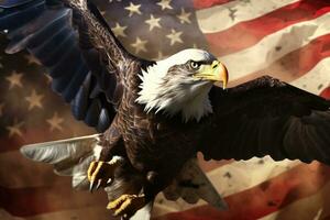 americano aquila su il sfondo di il americano bandiera. 3d rendering, americano Calvo aquila volare, simbolo di America con bandiera, ai generato foto