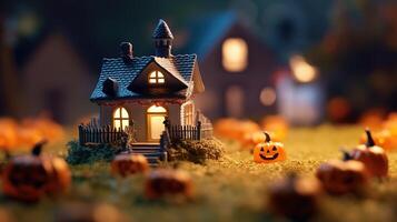 ai generativo un' ritratto di un' miniatura Halloween castello con Jack o lanterna e fantasma foto