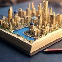 ai generativo un' libro è Aperto con un' città nel il sfondo foto