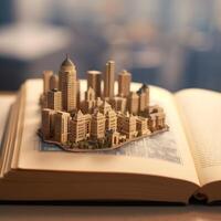 ai generativo un' libro è Aperto con un' città nel il sfondo foto