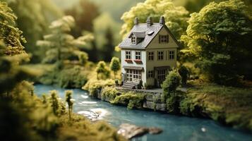 ai generativo miniatura Casa nel foresta con alberi e fiume miniatura foto