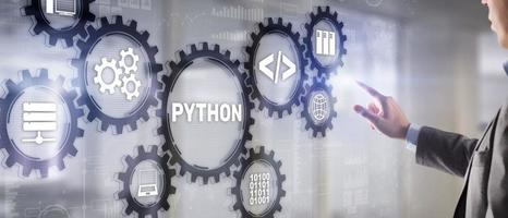 linguaggio di programmazione Python. concetto di algoritmo astratto del flusso di lavoro di programmazione sullo schermo virtuale foto