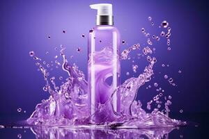 viola shampoo spruzzi su di il bottiglia isolato su un' pendenza sfondo foto