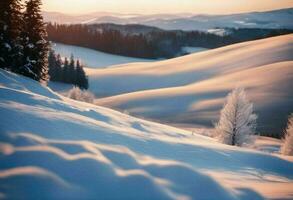 pittoresco Visualizza di un' innevato montagna gamma illuminato di un' vivace tramonto, ai-generato. foto