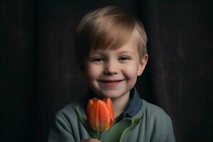 sorridente poco ragazzo è Tenere un' tulipano, buio sfondo, copia spazio. ai generato. foto