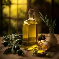 foto olive e oliva olio nel bottiglia avvicinamento con oliva ramo