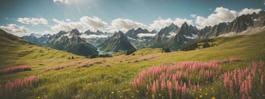 idilliaco montagna paesaggio nel il Alpi con fioritura prati nel primavera. ai generato foto