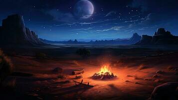 cielo deserto notte fuoco di bivacco ai generato foto