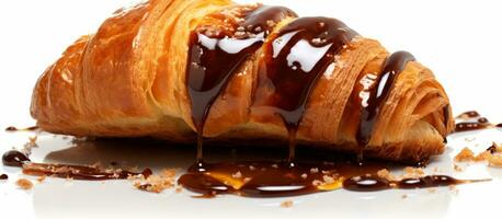 delizioso prima colazione - cioccolato brioche con realistico particolari. generativo ai, culinario fotografia quello cattura il dettaglio e realistico struttura di Cornetti, con che cola fuso cioccolato. foto