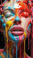 donna di viso coperto nel colorato dipingere. realistico misterioso sensuale donna coperto nel arcobaleno acrilica dipingere. bellezza concetto colori holi Festival. foto
