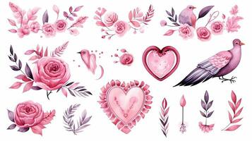 carta San Valentino giorno nel boho stile. boemo romantico concetto. acquerello illustrazioni di cuore, fiore ghirlanda, piume, montatura e uccello. collezione per san valentino, carta o cartolina. foto