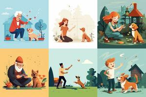 piatto illustrazione persone di diverso età giocare con un' cane. donna e uomo, figli, vecchio persone giocare con un' cane. foto