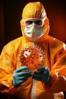 laboratorio tecnico maneggio un' virus campione isolato su un' pendenza arancia sfondo foto