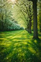 primavera natura. bellissimo paesaggio. verde erba e alberi. ai generato foto