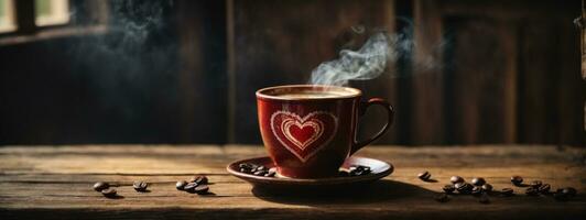 tradizionale caffè tazza con a forma di cuore vapore su rustico Di legno. ai generato foto