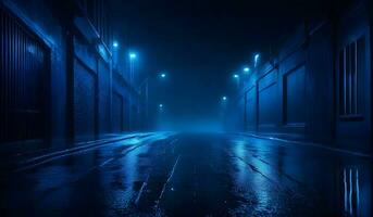 buio strada, bagnato asfalto astratto buio blu sfondo, vuoto buio scena, neon luce. ai generativo foto