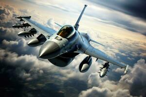 combattente Jet combattente nel volo al di sopra di il nuvole. 3d rendere, un f-16 combattente Jet nel il aria, ai generato foto