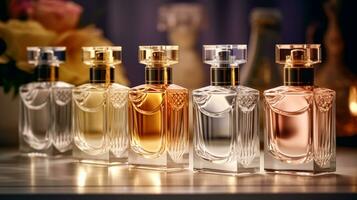lusso fragranza bottiglie a profumo profumo a presentazione evento, su misura profumeria e bellezza Prodotto saldi, generativo ai foto