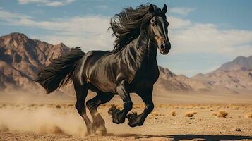 un' nero cavallo in esecuzione al di sopra di il deserto foto