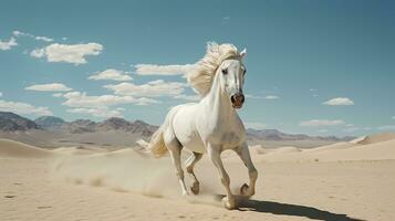 un' bianca cavallo in esecuzione al di sopra di il deserto foto