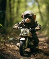 un' scimpanzé su un' minimoto equitazione attraverso un' foresta foto