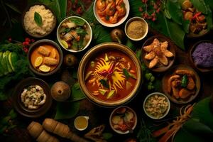 tailandese cibo impostare, asiatico cibo impostare. superiore Visualizza. generativo ai. foto