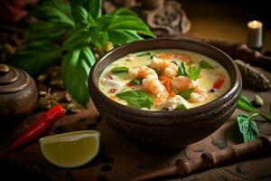 avvicinamento cremoso gamberetto tom yum la minestra nel il ciotola, Là siamo paprica, lime, coriandolo, e fiume gamberi. tailandese cibo. generativo ai. foto