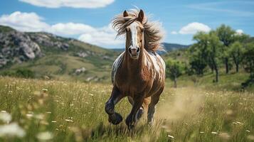 un' cavallo in esecuzione su il largo erba foto