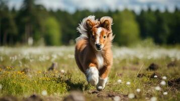 un' mini pony cavallo in esecuzione su il largo erba foto