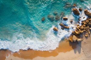 mare aereo vista, in alto vista, incredibile natura sfondo.il colore di il acqua e meravigliosamente luminosa. vacanza estate concetto. generativo ai. foto