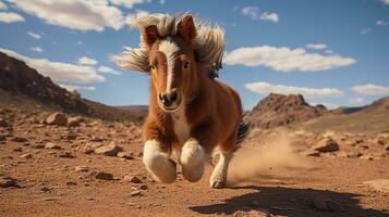 un' mini pony cavallo in esecuzione al di sopra di il deserto foto