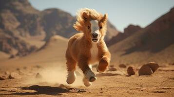 un' mini pony cavallo in esecuzione al di sopra di il deserto foto
