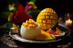 appiccicoso riso con Mango, tailandese cibo, dolce cibo. generativo ai foto