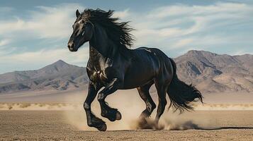 un' nero cavallo in esecuzione al di sopra di il deserto foto