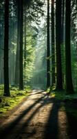 un' foresta con alberi e un' sentiero nel il mattina con il sole splendente su il strada foto
