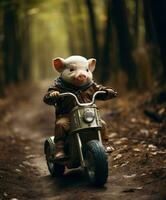 un' carino maiale su un' minimoto equitazione attraverso un' foresta foto