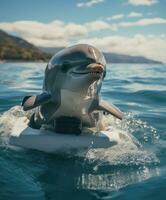 un' carino delfino su un' cielo Jet mare, acqua bicicletta, equitazione attraverso un' mare foto