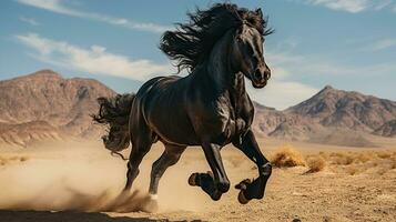 un' nero cavallo in esecuzione al di sopra di il deserto foto