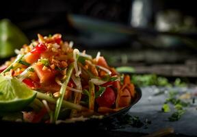 somtum o papaia insalata nel tailandese su di legno tavolo .verde papaia insalata nel piatto su buio di legno background.thai cibo concetto. generativo ai. foto