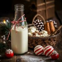 latte per babbo natale. tradizionale Natale caramella canna e bottiglia di latte con Natale arredamento su rustico di legno tavolo. generativo ai. foto