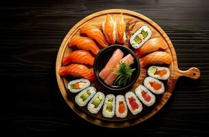 giapponese cucina. Sushi impostato su un' il giro piatto al di sopra di buio di legno sfondo.,in alto Visualizza. generativo ai. foto